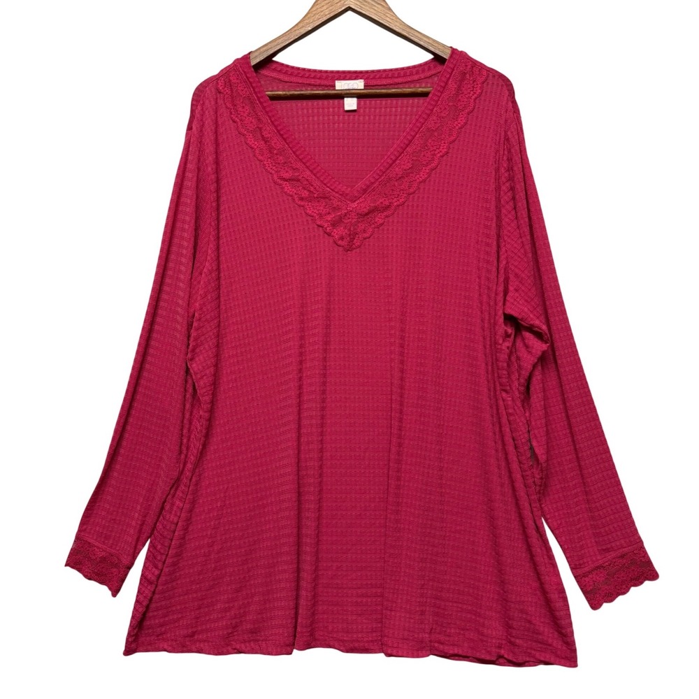 Logo Tunic Top Women 3X Waffle Stretchy Knit Lace Trim V-Neck Long Sleeve Basic